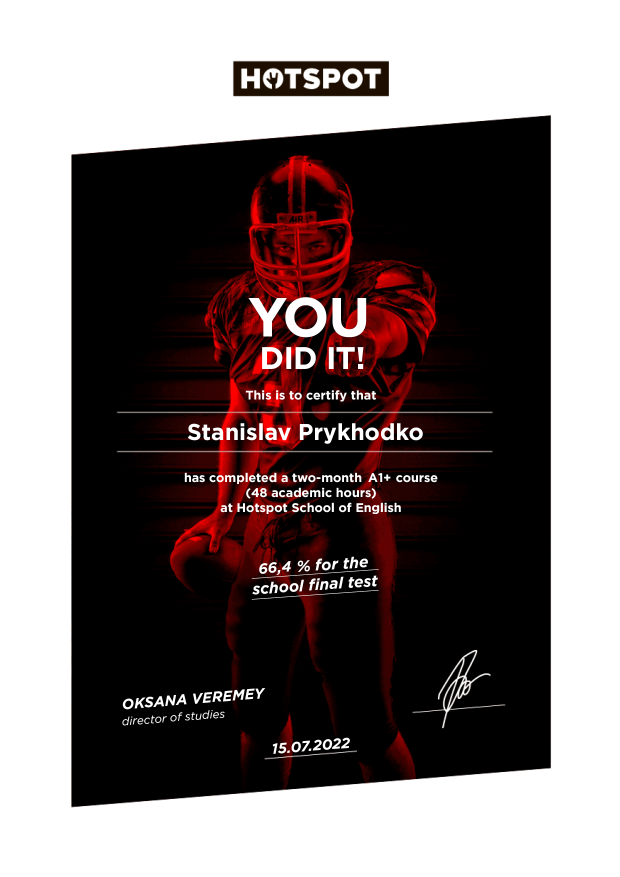 Сертифікат: Stanislav Prykhodko A1+(plus)