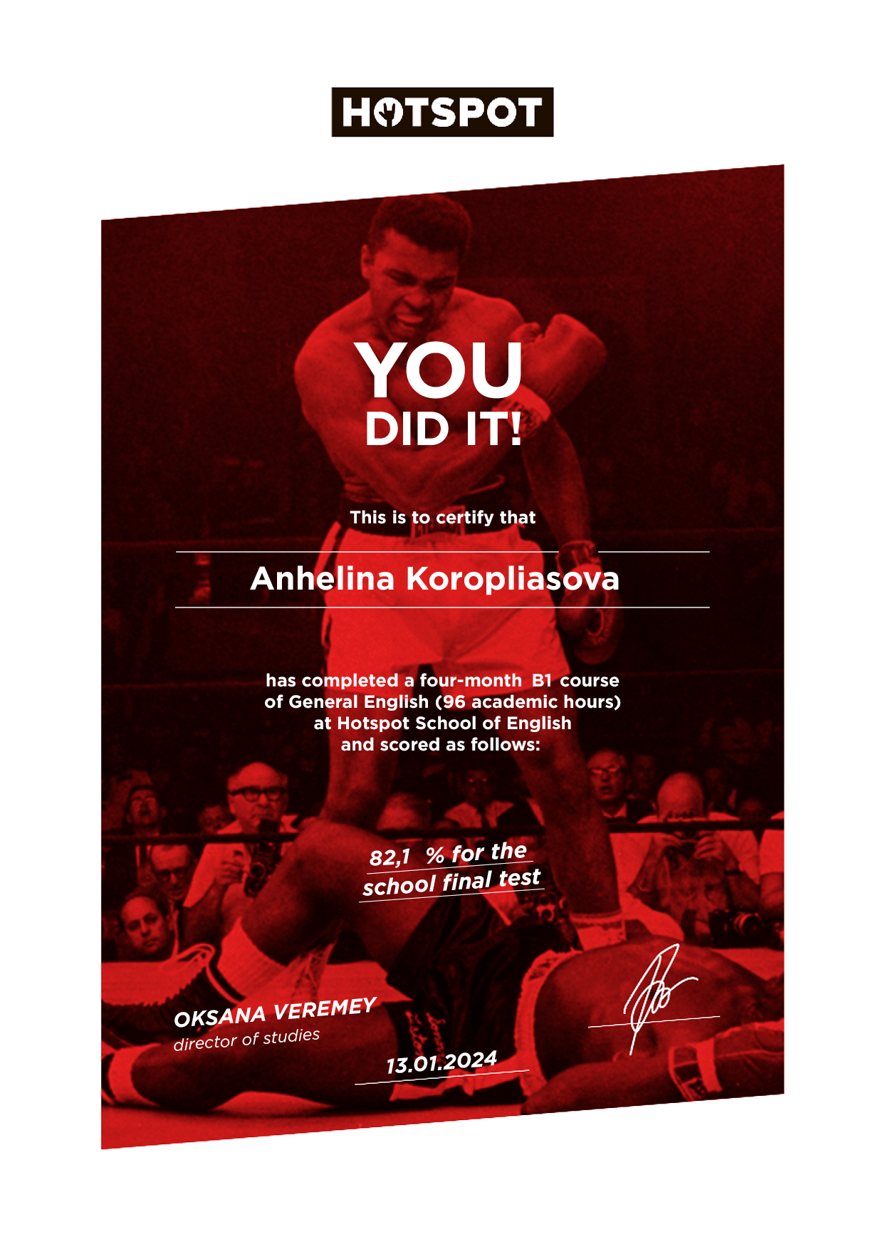Сертифікат: Anhelina Koropliasova B1_101